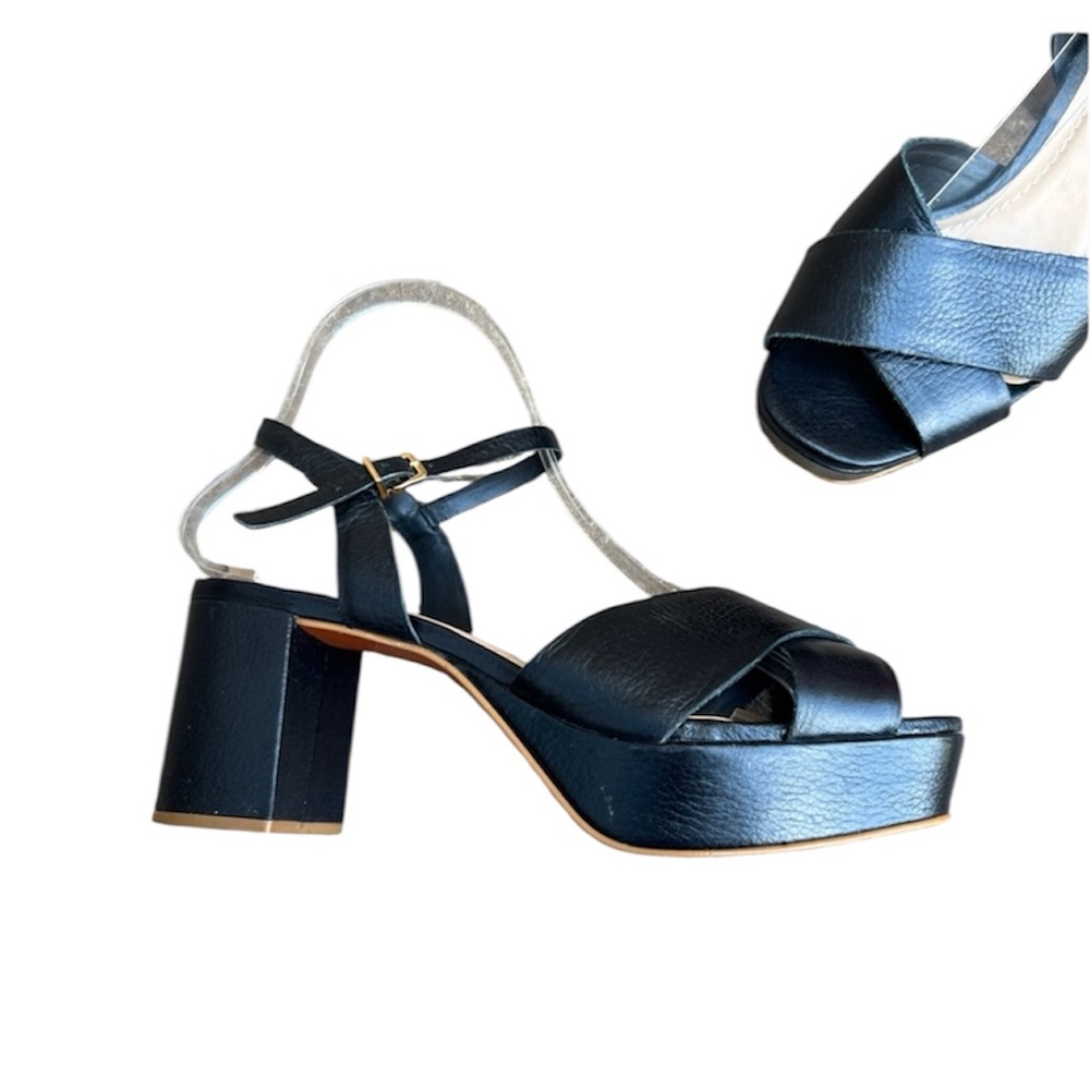 Mercanti Fiorentini Black Leather Wedge Sandal Sz 7